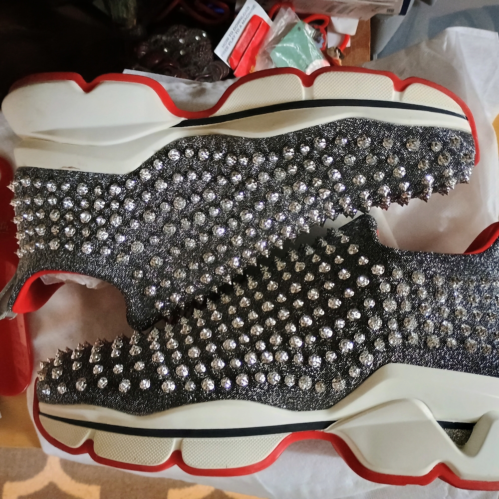Christian Louboutin Silver and Red Spiked Sneakers Men's Size 12 - Picture 6 of 12